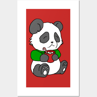 Christmas Panda Enjoying Hot Cocoa Posters and Art